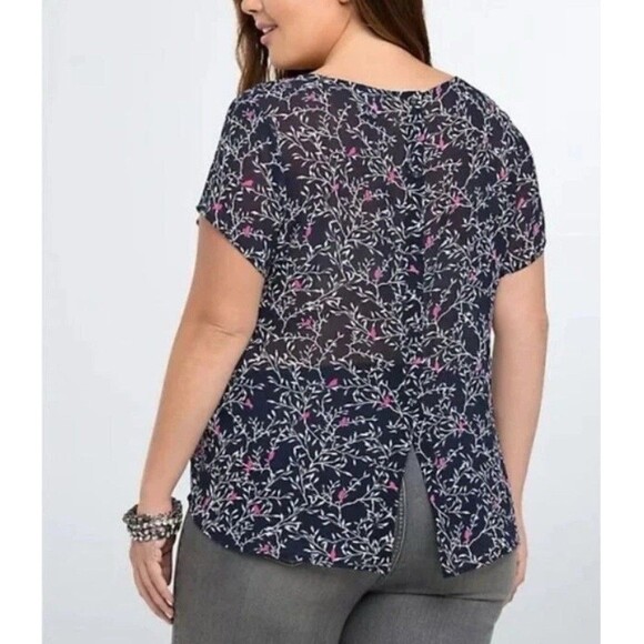 TORRID Womens Size 0 Blue Floral Bird Print Sheer Chiffon Button Back Blouse Top - Picture 7 of 8